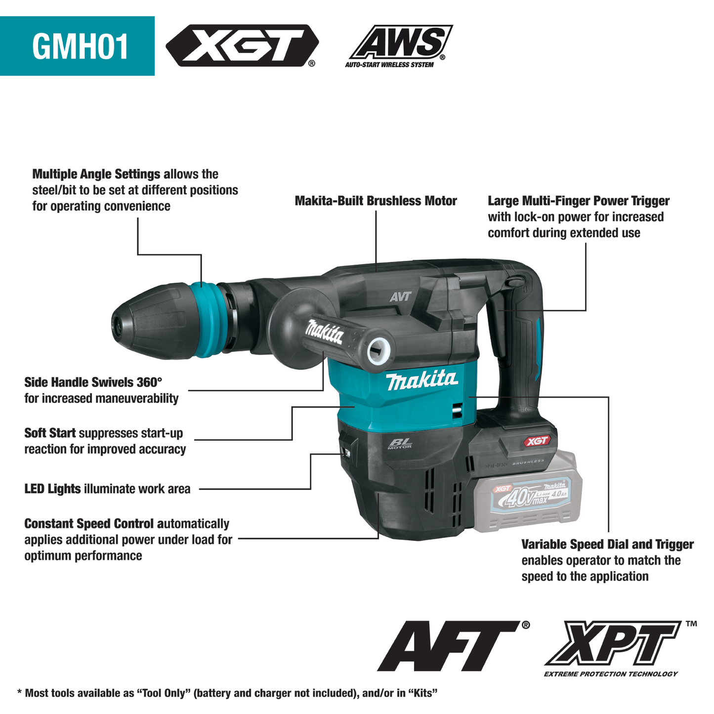 Makita GMH01M1 40V max XGT® Brushless Cordless 15 lb. SDS‘MAX AVT® Demolition Hammer Kit, AWS® Capable (4.0Ah)