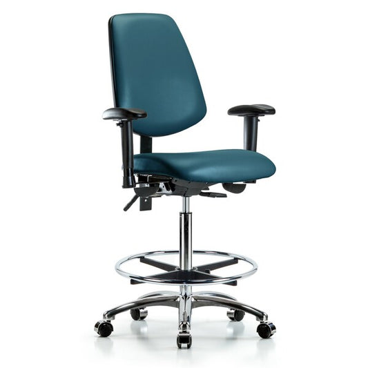 Blue Ridge Ergonomics VHBCH-MB-CR-T0-A1-CF-CC-8801 Rutledge Vinyl Chair Chrome - High Bench Height with Medium Back, Adjustable Arms, Chrome Foot Ring, & Casters in Marine Blue Supernova™ Vinyl