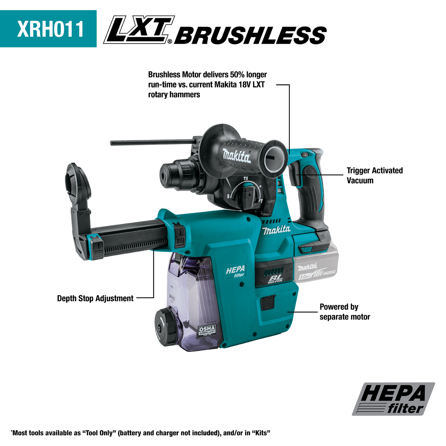 Makita XRH011TWX 18V LXT® Lithium‘Ion Brushless Cordless 1" SDS‘PLUS Rotary Hammer Kit, w/ HEPA Dust Extractor Attachment (5.0Ah)