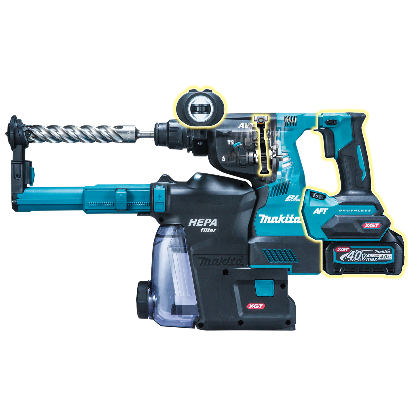 Makita GRH01M1W 40V max XGT® Brushless Cordless 1‘1/8" SDS‘PLUS AVT® Rotary Hammer Kit w/ Dust Extractor, AFT®, AWS® Capable (4.0Ah)