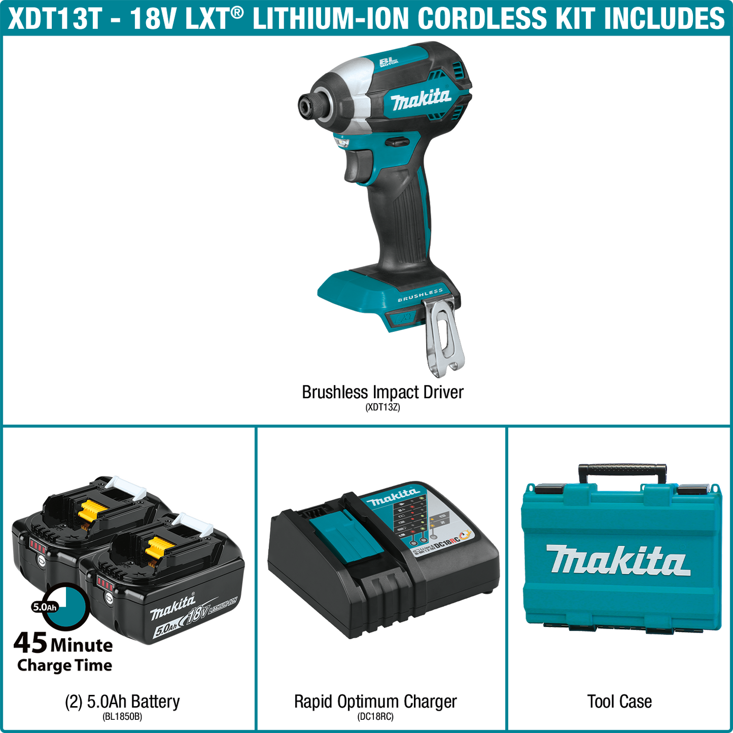 Makita XDT13T 18V LXT® Lithium‘Ion Brushless Cordless Impact Driver Kit (5.0Ah)