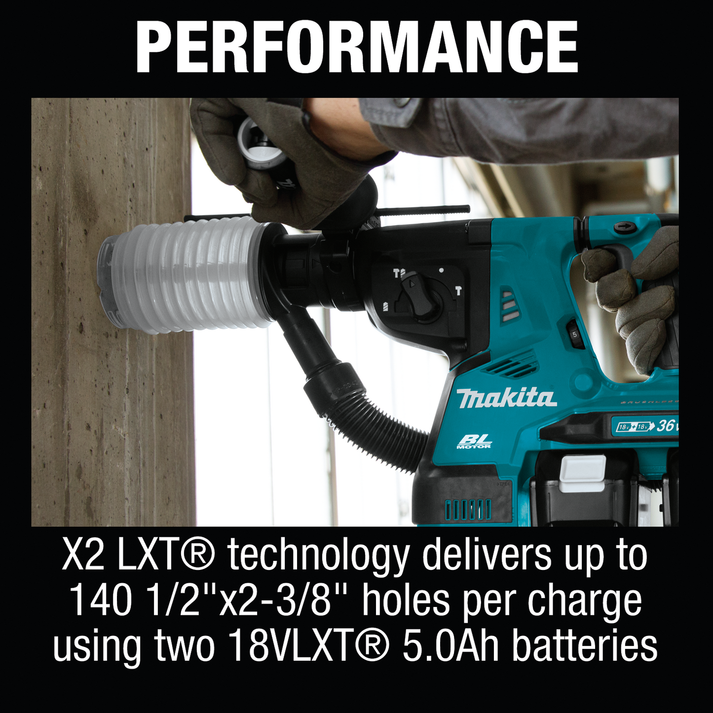 Makita XRH10PTW 36V (18V X2) LXT® Brushless 1‘1/8" SDS‘PLUS AVT® Rotary Hammer Kit, w/ HEPA Dust Extractor, AFT®, AWS® Capable (5.0Ah)