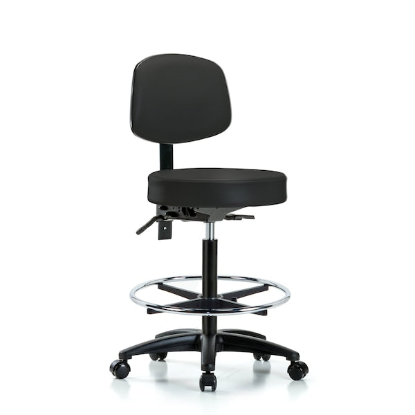 Blue Ridge Ergonomics VHBST-RG-T0-CF-RC-8540 Rutledge Vinyl Stool with Back - High Bench Height with Chrome Foot Ring & Casters in Black Trailblazer™ Vinyl