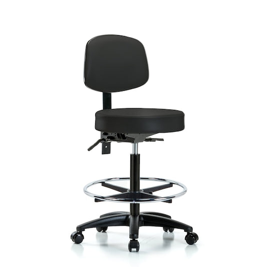 Blue Ridge Ergonomics VHBST-RG-T0-CF-RC-8540 Rutledge Vinyl Stool with Back - High Bench Height with Chrome Foot Ring & Casters in Black Trailblazer™ Vinyl
