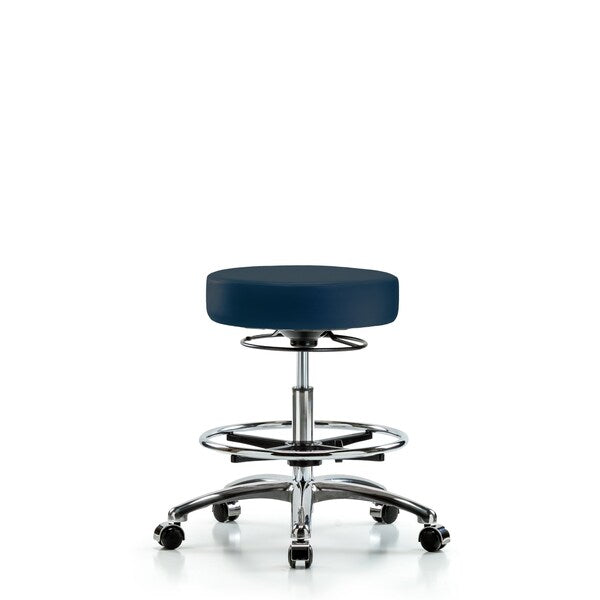 Blue Ridge Ergonomics VMBSO-CR-CF-CC-8582 Rutledge Vinyl Stool without Back Chrome - Medium Bench Height with Chrome Foot Ring & Casters in Imperial Blue Trailblazer™ Vinyl