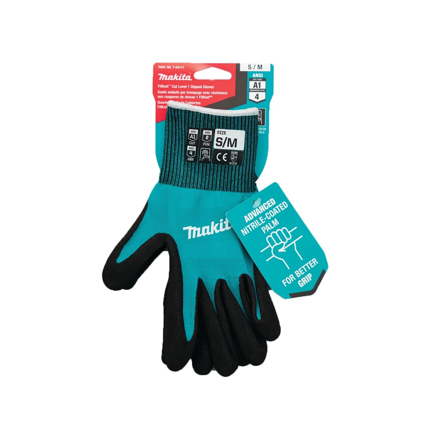 Makita T-04117 FitKnit, Cut Level 1 Nitrile Coated Dipped Gloves (Small/Medium)