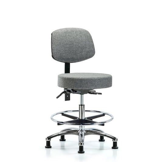 Blue Ridge Ergonomics FMBST-CR-T0-CF-RG-F44 Rutledge Fabric Stool with Back Chrome - Medium Bench Height with Chrome Foot Ring & Stationary Glides in Gray Fabric