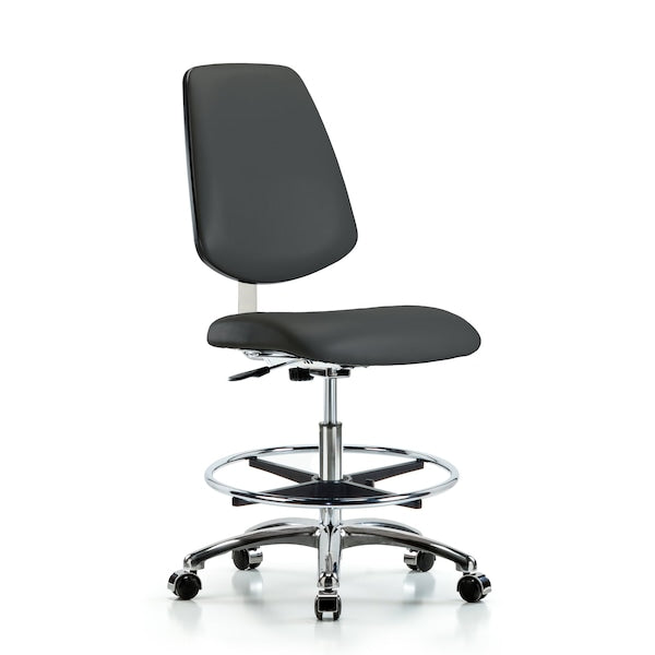Blue Ridge Ergonomics CLR-VMBCH-MB-CR-CF-CC-8605 Class 10 Clean Room Vinyl Chair Chrome - Medium Bench Height with Medium Back, Chrome Foot Ring, & Casters in Charcoal Trailblazer™ Vinyl