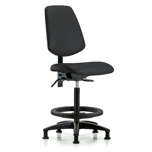 Blue Ridge Ergonomics VHBCH-MB-RG-T0-A0-BF-RG-8540 Rutledge Vinyl Chair - High Bench Height with Medium Back, Black Foot Ring, & Stationary Glides in Black Trailblazer™ Vinyl