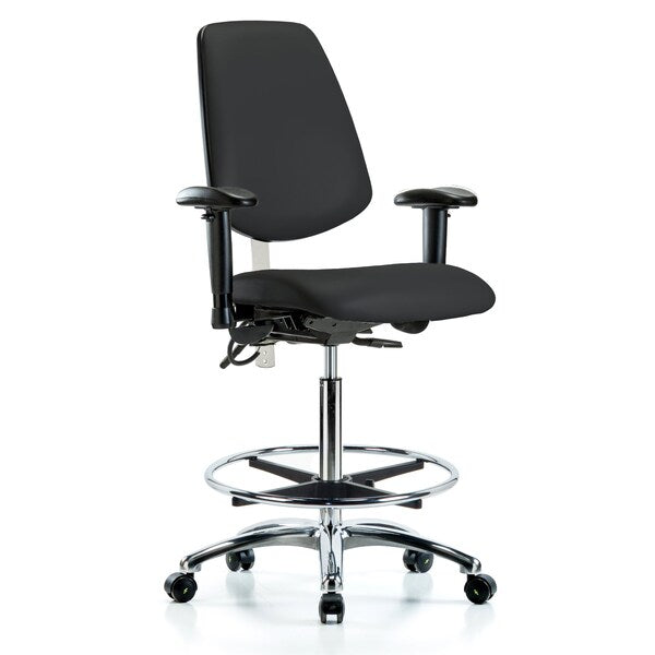 Blue Ridge Ergonomics NECR-VHBCH-MB-CR-T0-A1-CF-EC-ESDBLK Class 100 Vinyl Clean Room/ESD Chair - High Bench Height with Medium Back, Adjustable Arms, Chrome Foot Ring, & ESD Casters in Black ESD Vinyl
