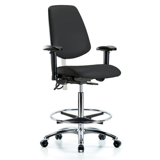 Blue Ridge Ergonomics NECR-VHBCH-MB-CR-T0-A1-CF-EC-ESDBLK Class 100 Vinyl Clean Room/ESD Chair - High Bench Height with Medium Back, Adjustable Arms, Chrome Foot Ring, & ESD Casters in Black ESD Vinyl