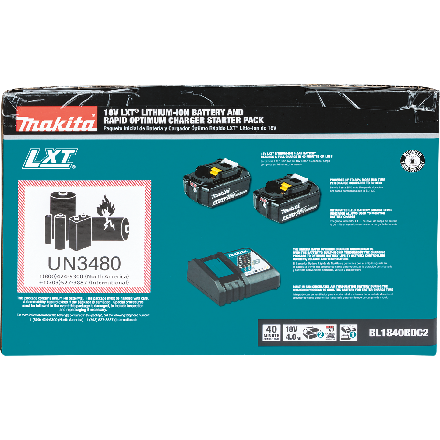 Makita BL1840BDC2 18V LXT® Lithium‘Ion Battery and Rapid Optimum Charger Starter Pack (4.0Ah)