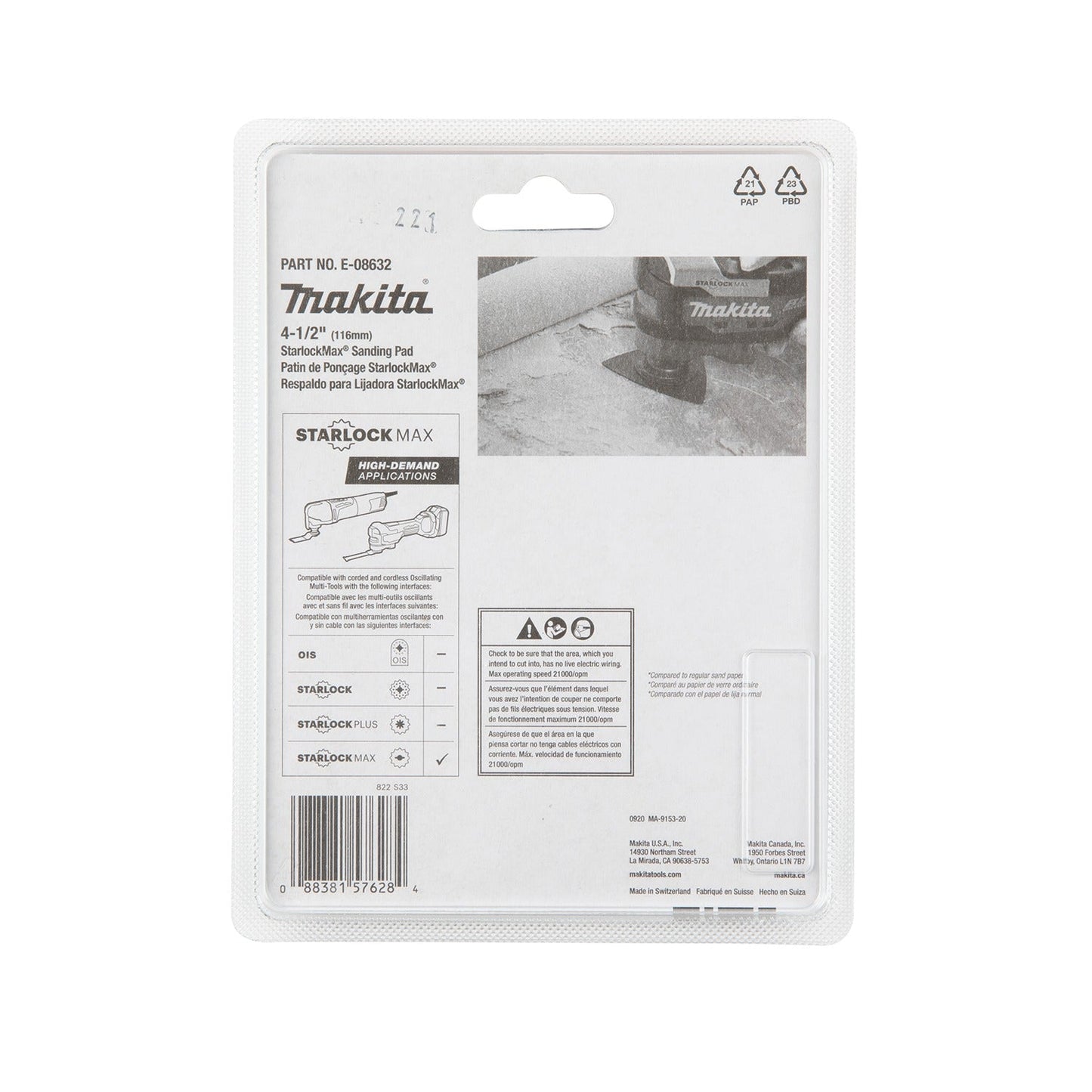 Makita E-08632 StarlockMax® Oscillating Multi‘Tool 4‘1/2" Tungsten Carbide 20 Grit Delta Triangle Sanding Pad