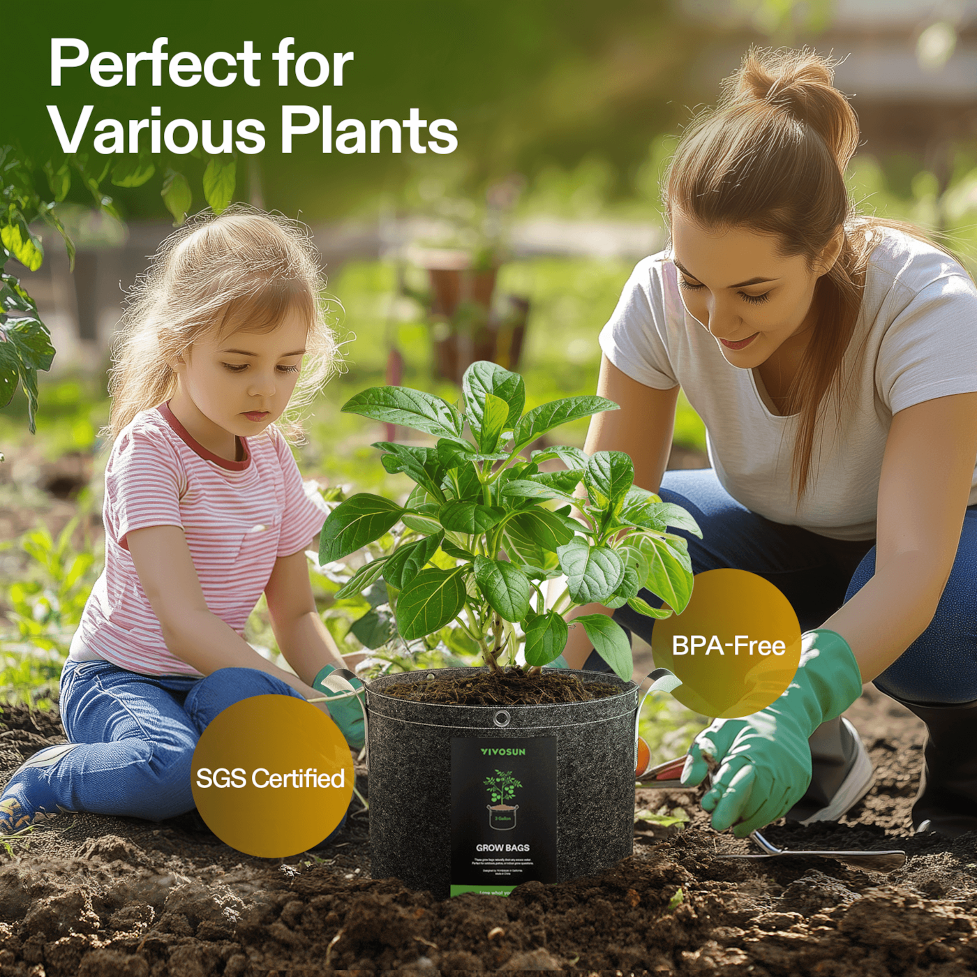 Vivosun 5 Gallon Grow Bags 5-Pack Black Thickened Nonwoven Fabric Pots with Handles, Multi-Purpose Rings