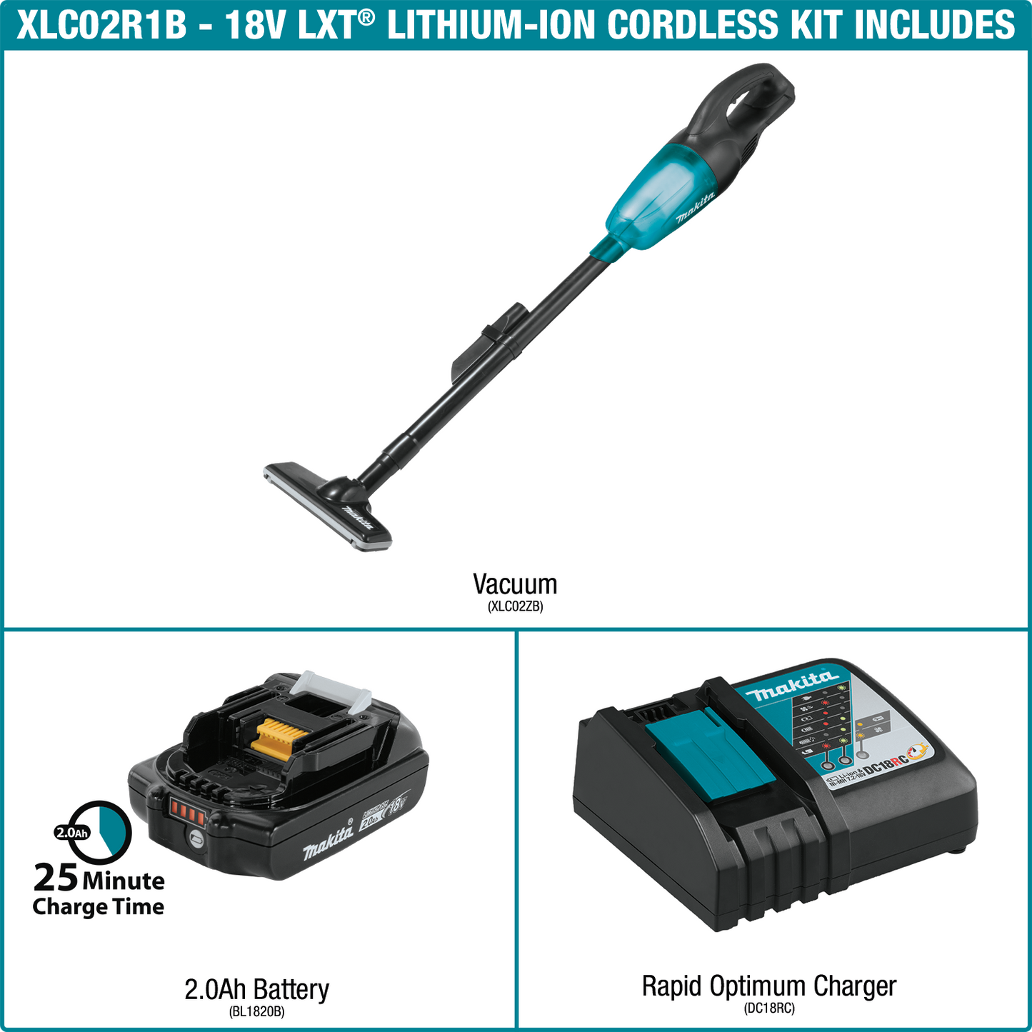 Makita XLC02R1B 18V LXT® Lithium‘Ion Compact Cordless Vacuum Kit (2.0Ah)