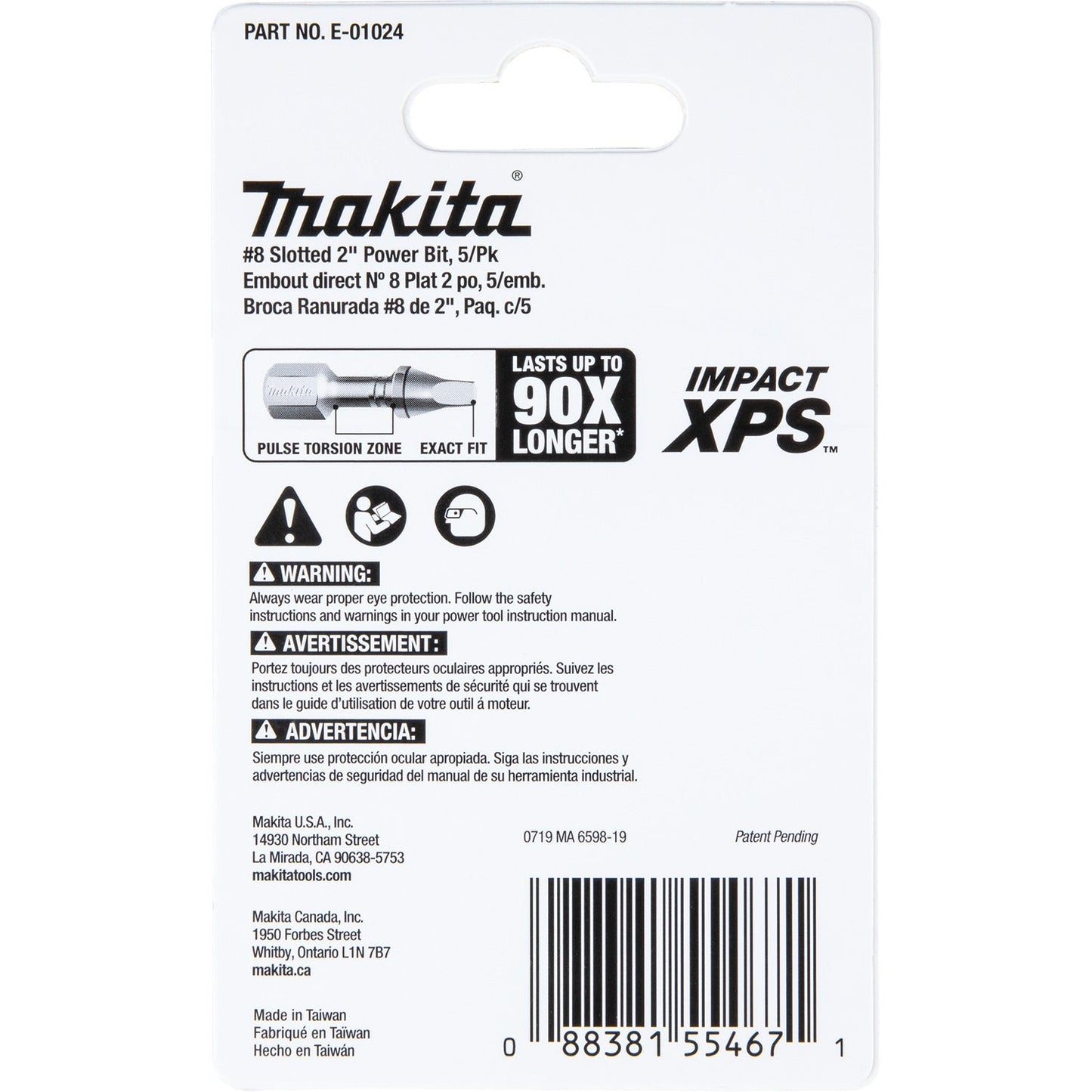 Makita E-01024 Impact XPS® #8 Slotted 2" Power Bit, 5/pk