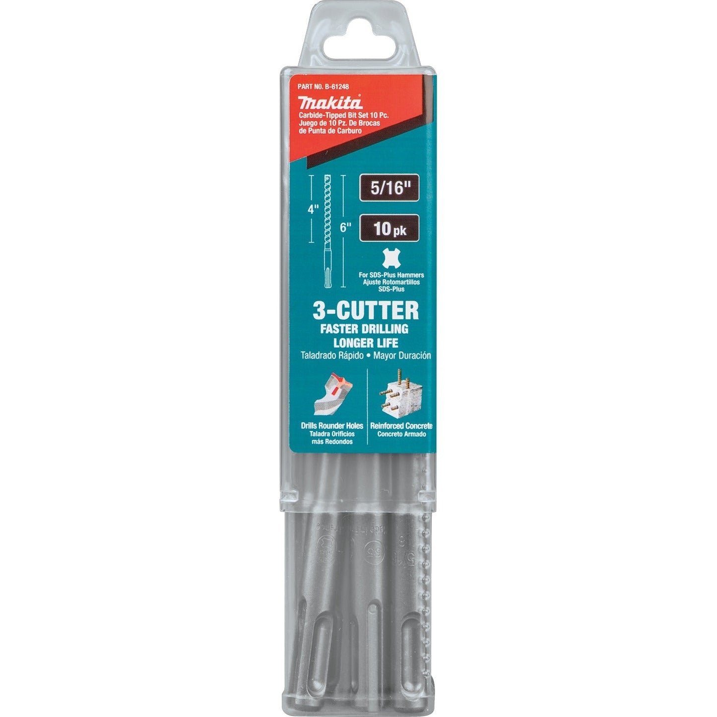 Makita B-61248 5/16" x 6" SDS‘PLUS Bit, 3‘Cutter, 10/pk