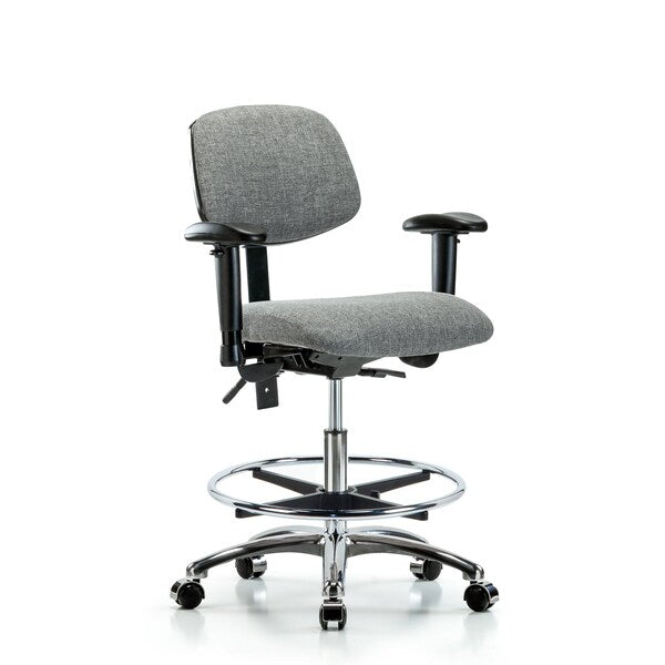 Blue Ridge Ergonomics FMBCH-CR-T0-A1-CF-CC-F44 Rutledge Fabric Chair Chrome - Medium Bench Height with Adjustable Arms, Chrome Foot Ring, & Casters in Gray Fabric