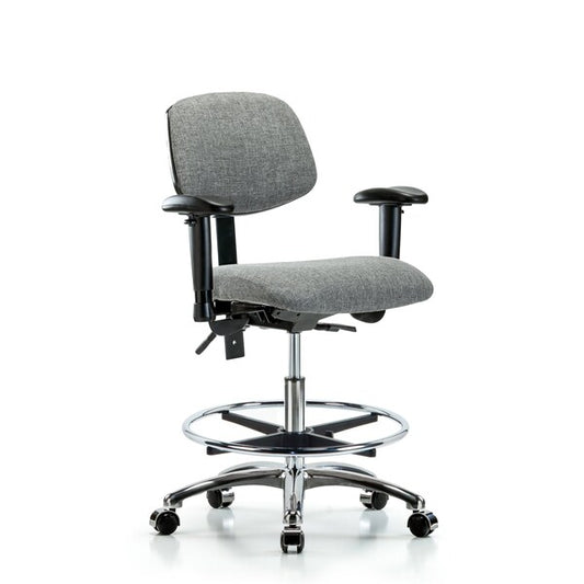 Blue Ridge Ergonomics FMBCH-CR-T0-A1-CF-CC-F44 Rutledge Fabric Chair Chrome - Medium Bench Height with Adjustable Arms, Chrome Foot Ring, & Casters in Gray Fabric