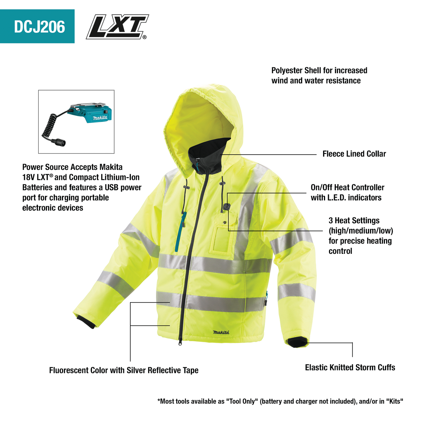 Makita DCJ206ZXL 18V LXT® Lithium‘Ion Cordless High Visibility Heated Jacket, Jacket Only (XL)