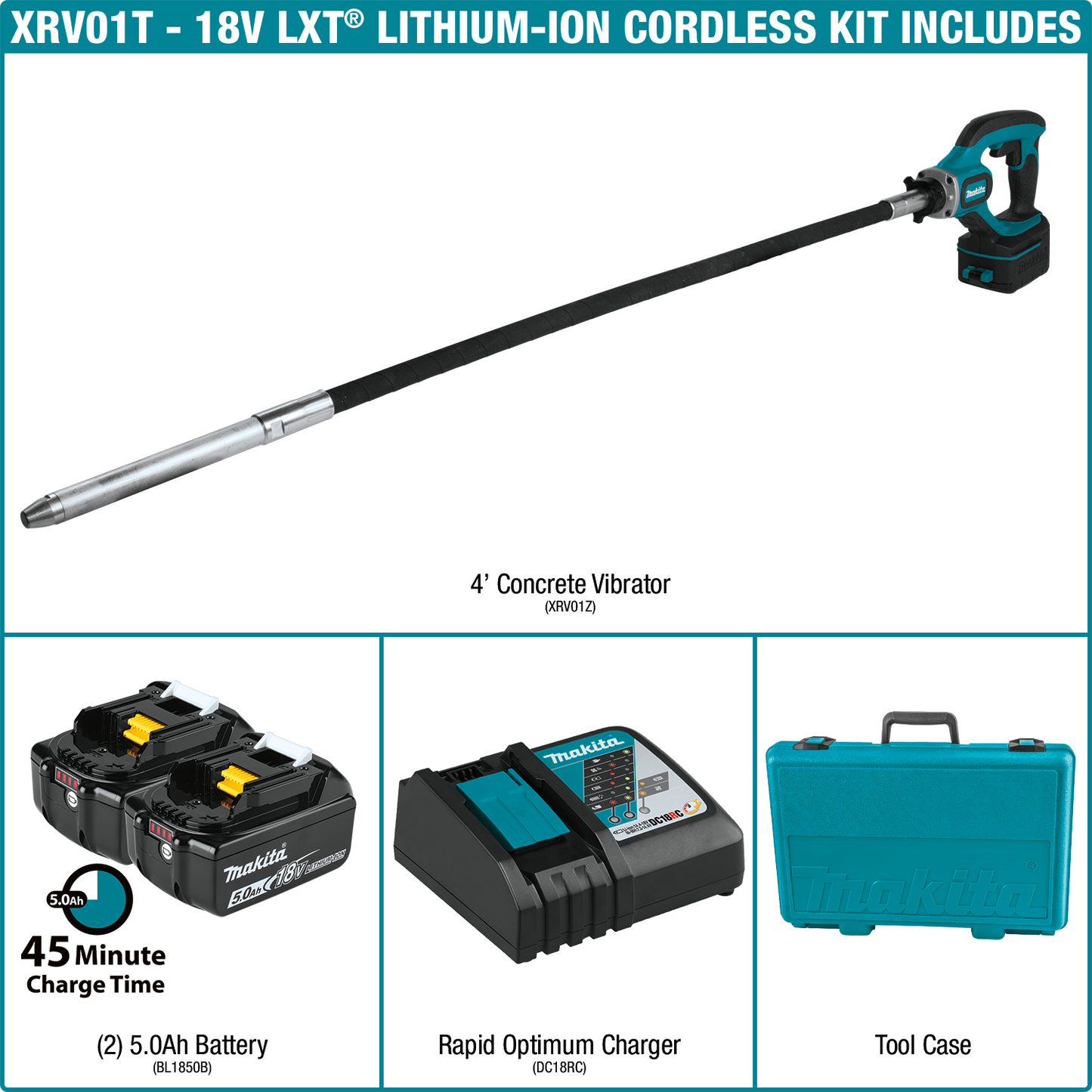 Makita XRV01T 18V LXT® Lithium‘Ion Cordless 4' Concrete Vibrator Kit (5.0Ah)