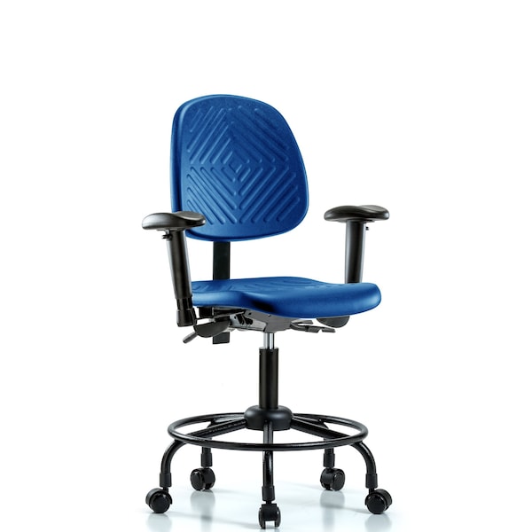 Blue Ridge Ergonomics PDHCH-MB-RT-T0-A1-RC-BLU Polyurethane Chair with Round Tube Base - Desk Height with Medium Back, Adjustable Arms, & Casters in Blue Polyurethane
