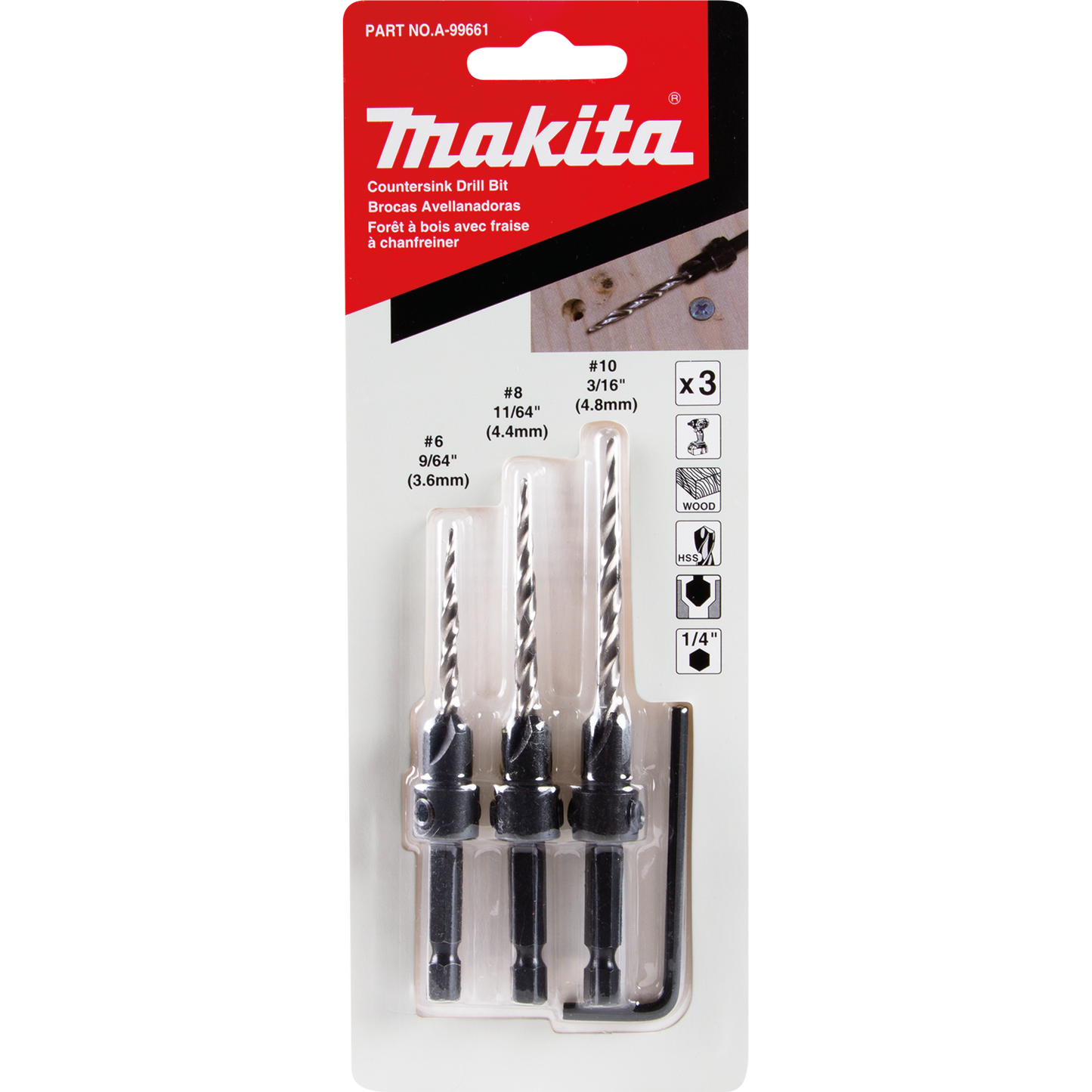 Makita A-99661 3 Pc. Countersink with Drill Bit Set with Hex Wrench