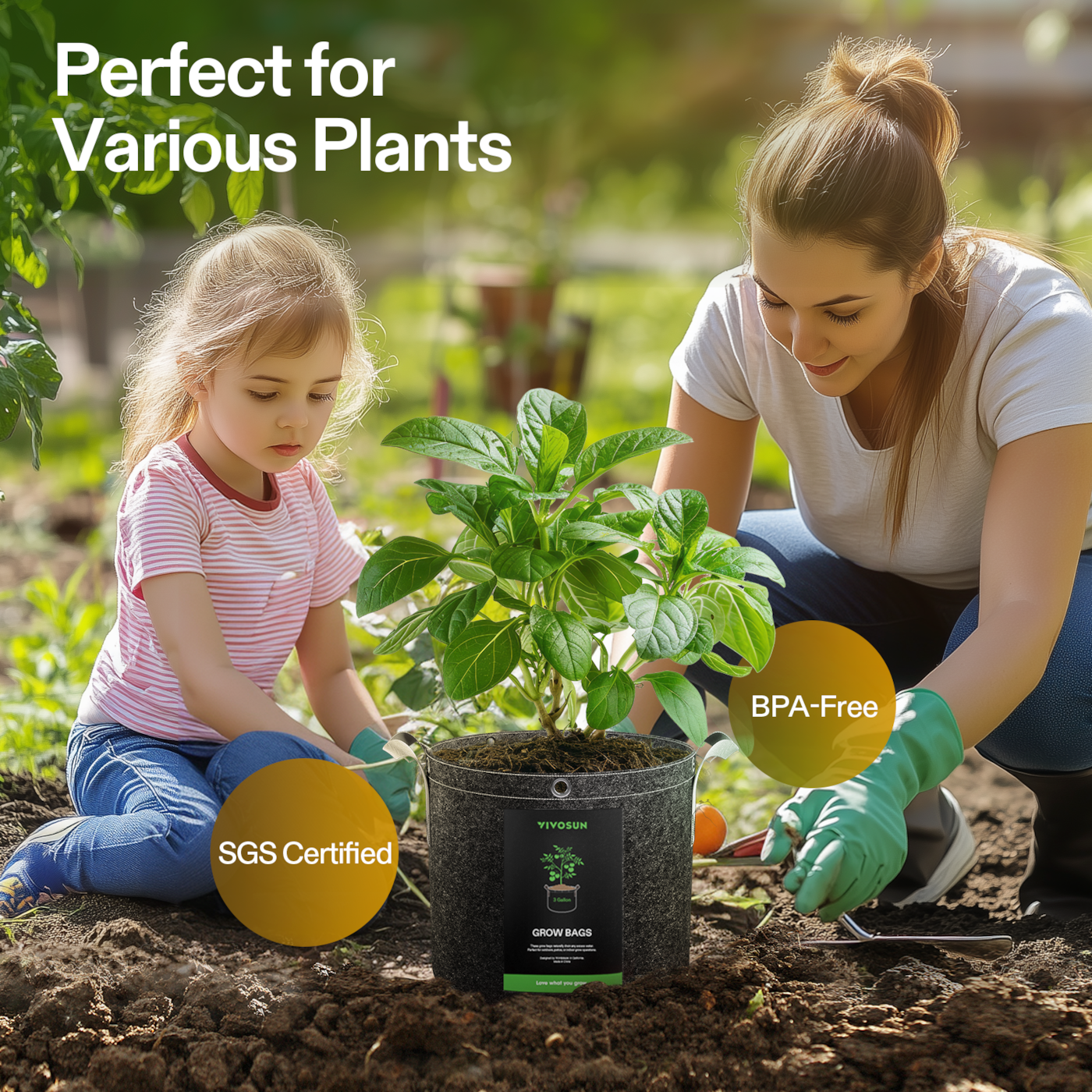 Vivosun 3 Gallon Grow Bags 5-Pack Black Thickened Nonwoven Fabric Pots with Handles, Multi-Purpose Rings
