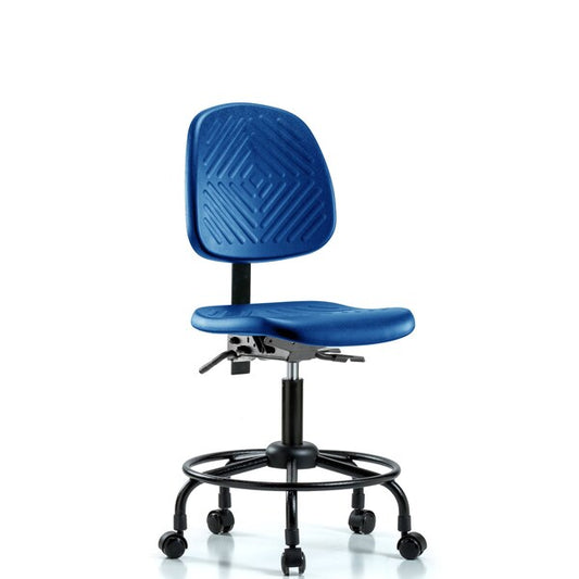 Blue Ridge Ergonomics PDHCH-MB-RT-T0-A0-RC-BLU Polyurethane Chair with Round Tube Base - Desk Height with Medium Back & Casters in Blue Polyurethane