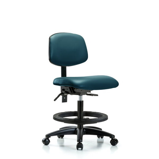 Blue Ridge Ergonomics VMBCH-RG-T1-A0-BF-RC-8801 Rutledge Vinyl Chair - Medium Bench Height with Seat Tilt, Black Foot Ring, & Casters in Marine Blue Supernova™ Vinyl
