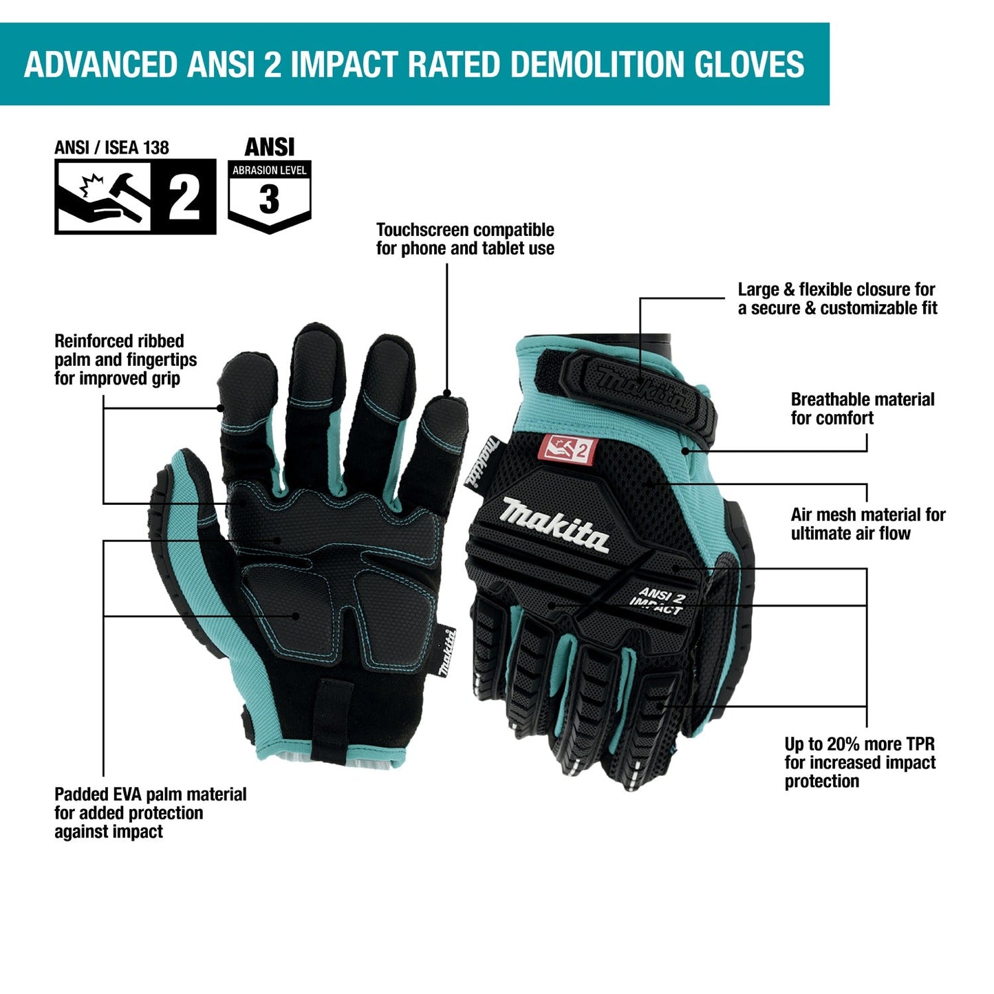 Makita T-04276 Advanced ANSI 2 Impact‘Rated Demolition Gloves (Medium)