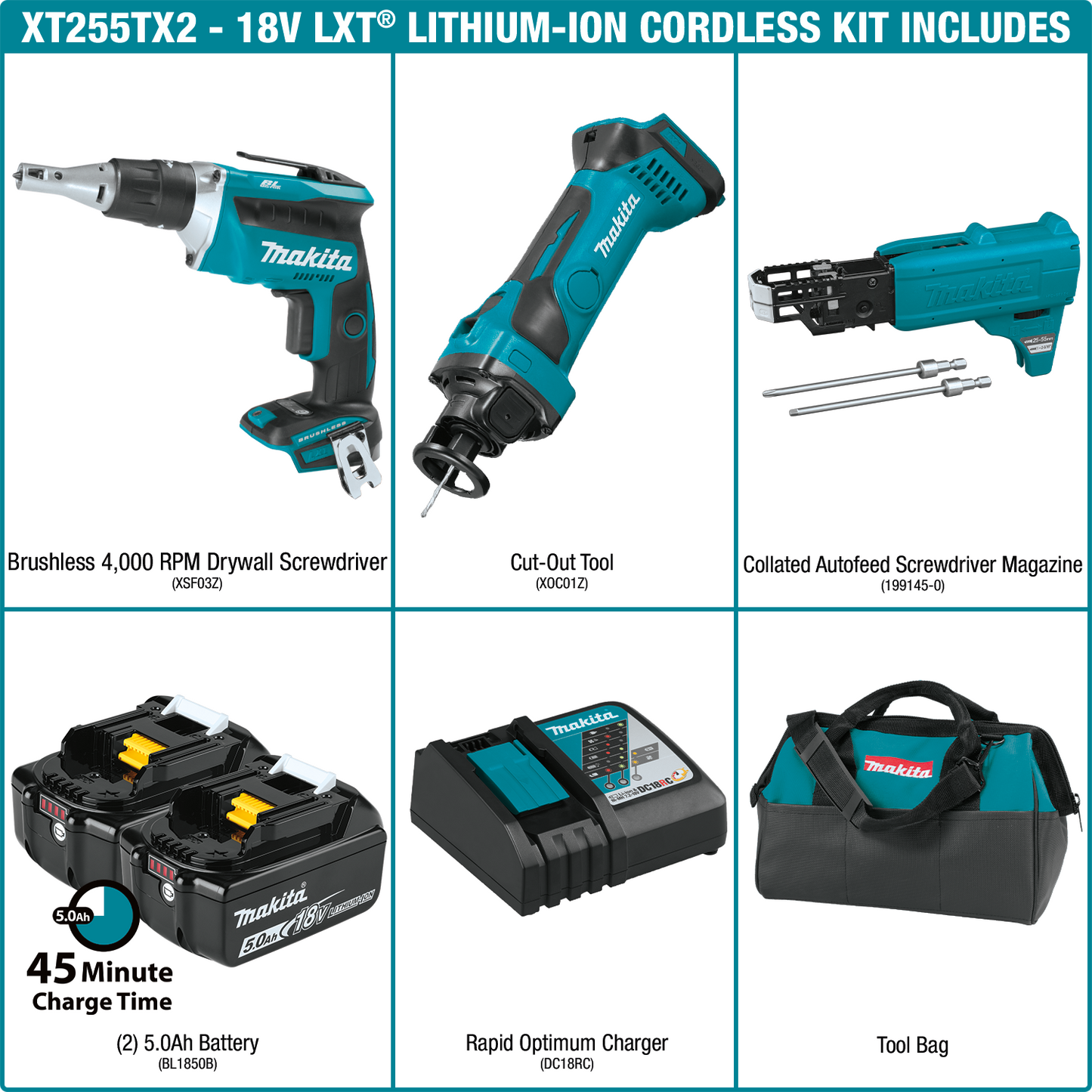 Makita XT255TX2 18V LXT® Lithium‘Ion Cordless 2‘Pc. Combo Kit with Collated Autofeed Screwdriver Magazine (5.0Ah)