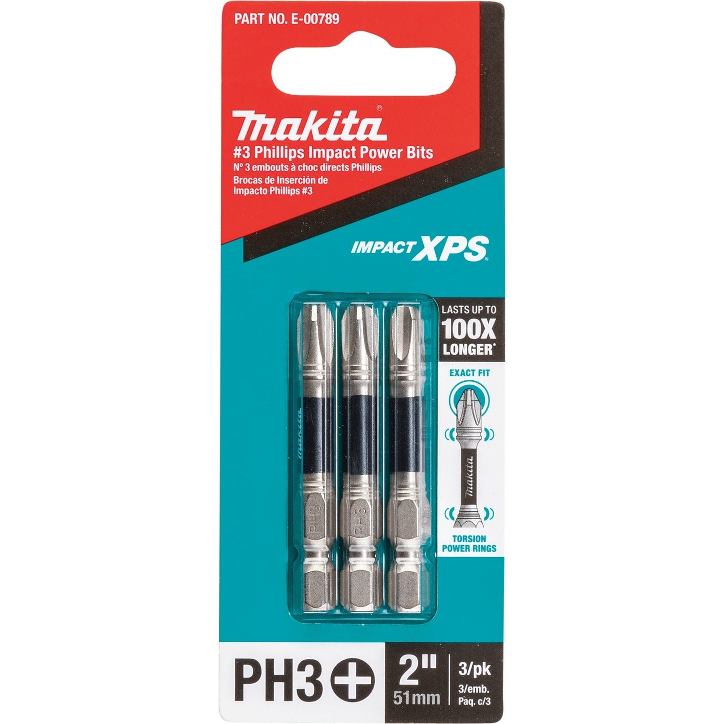 Makita E-00789 Impact XPS® #3 Phillips 2" Power Bit, 3/pk