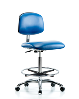 Blue Ridge Ergonomics NECR-VHBCH-MB-CR-T0-A1-CF-EC-ESDBLU Class 100 Vinyl Clean Room/ESD Chair - High Bench Height with Medium Back, Adjustable Arms, Chrome Foot Ring, & ESD Casters in Blue ESD Vinyl