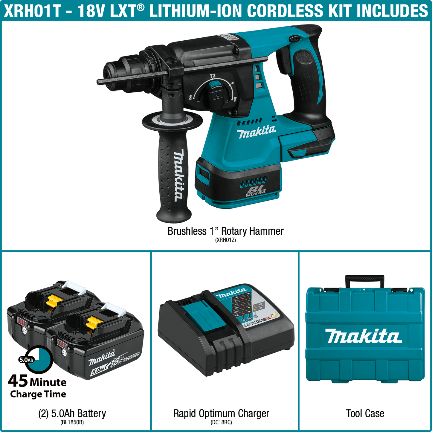 Makita XRH01T 18V LXT® Lithium‘Ion Brushless Cordless 1" SDS‘PLUS Rotary Hammer Kit (5.0Ah)