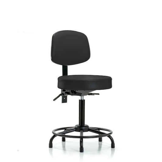 Blue Ridge Ergonomics VMBST-RT-T0-RG-8540 Rutledge Vinyl Stool with Back - Medium Bench Height with Round Tube Base & Stationary Glides in Black Trailblazer™ Vinyl
