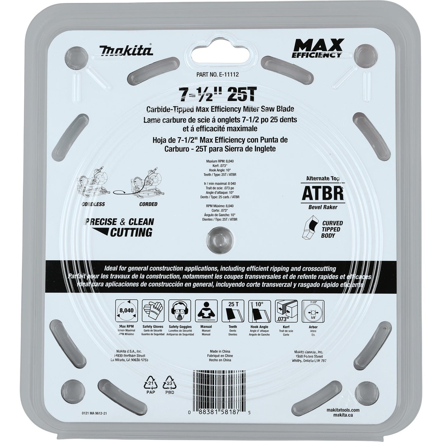 Makita E-11112 7‘1/2" 25T Carbide‘Tipped Max Efficiency Miter Saw Blade