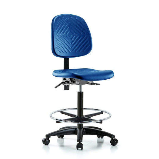 Blue Ridge Ergonomics PHBCH-MB-RG-T0-A0-CF-RC-BLU Polyurethane Chair - High Bench Height with Medium Back, Chrome Foot Ring, & Casters in Blue Polyurethane