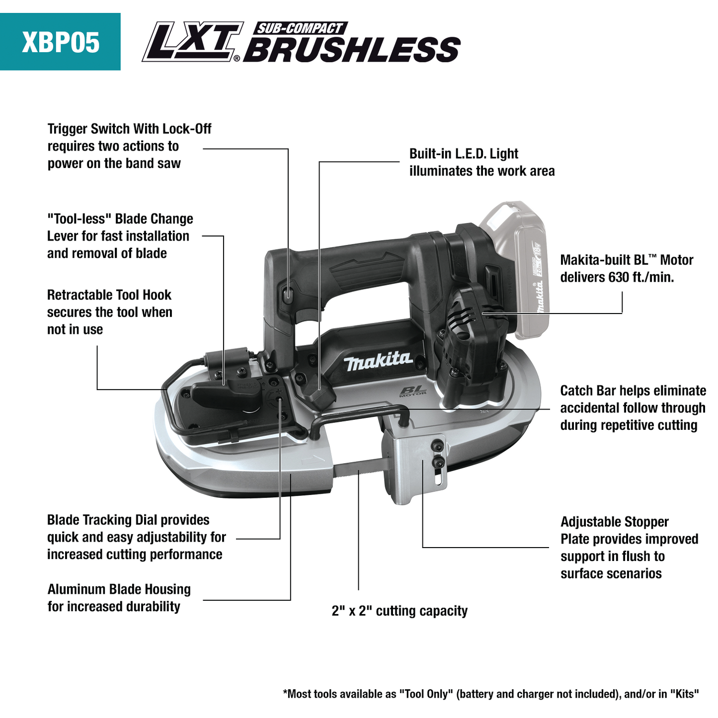 Makita XBP05R1B 18V LXT® Lithium‘Ion Sub‘Compact Brushless Cordless Band Saw Kit (2.0Ah)