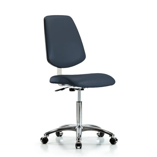 Blue Ridge Ergonomics CLR-VMBCH-MB-CR-NF-CC-8582 Class 10 Clean Room Vinyl Chair Chrome - Medium Bench Height with Medium Back & Casters in Imperial Blue Trailblazer™ Vinyl