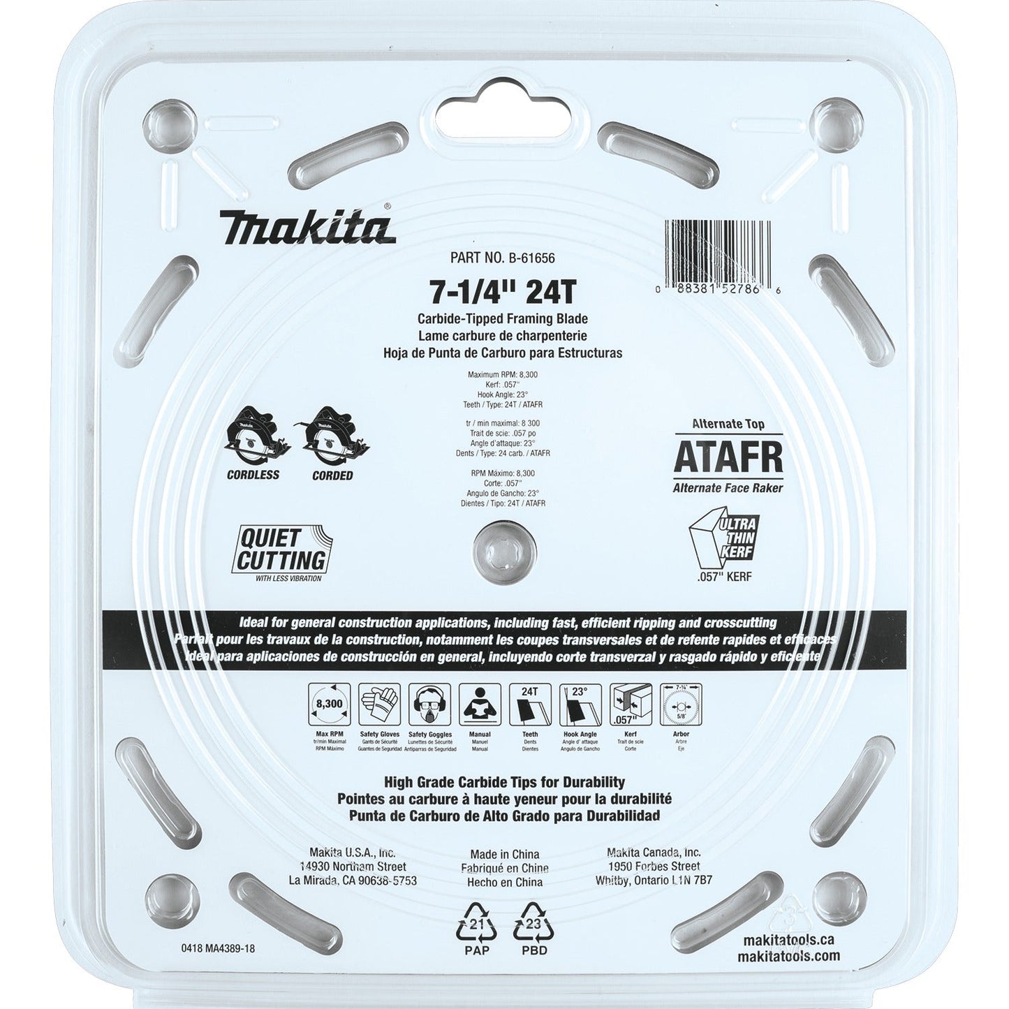 Makita B-61656-3 7‘1/4" 24T Carbide‘Tipped Max Efficiency Circular Saw Blade, Framing, 3/pk