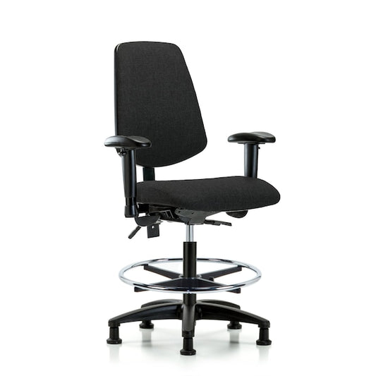 Blue Ridge Ergonomics FMBCH-MB-RG-T1-A1-CF-RG-F42 Rutledge Fabric Chair - Medium Bench Height with Medium Back, Seat Tilt, Adjustable Arms, Chrome Foot Ring, & Stationary Glides in Black Fabric