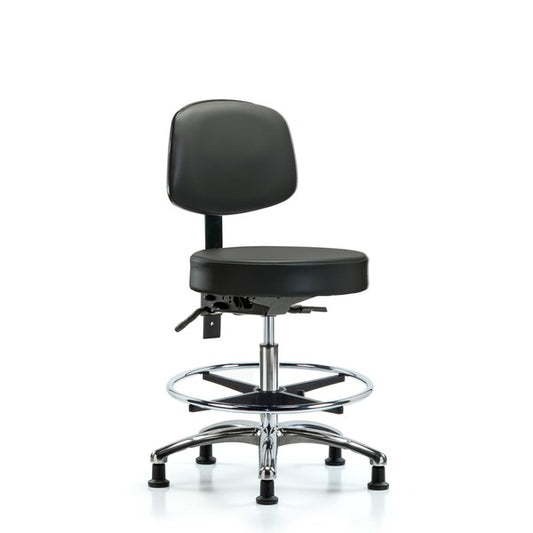 Blue Ridge Ergonomics VMBST-CR-T1-CF-RG-8823 Rutledge Vinyl Stool with Back Chrome - Medium Bench Height with Seat Tilt, Chrome Foot Ring, & Stationary Glides in Carbon Supernova™ Vinyl