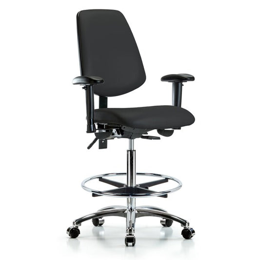 Blue Ridge Ergonomics VHBCH-MB-CR-T0-A1-CF-CC-8540 Rutledge Vinyl Chair Chrome - High Bench Height with Medium Back, Adjustable Arms, Chrome Foot Ring, & Casters in Black Trailblazer™ Vinyl