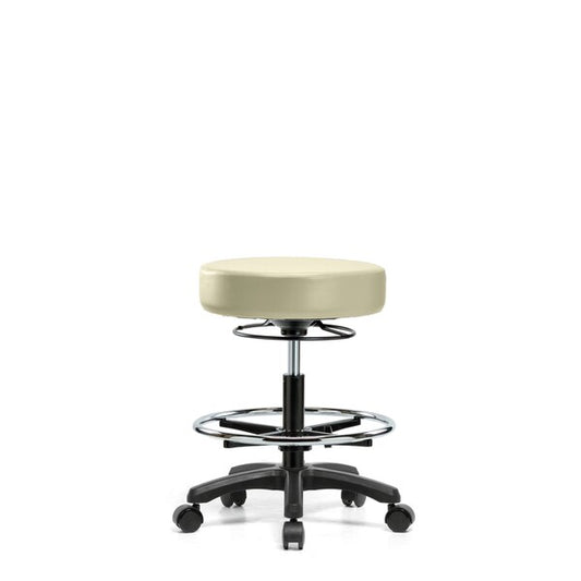 Blue Ridge Ergonomics VMBMS-RG-CF-RC-8501 Vinyl Mini-Stool - Medium Bench Height with Chrome Foot Ring & Casters in Adobe White Trailblazer™ Vinyl