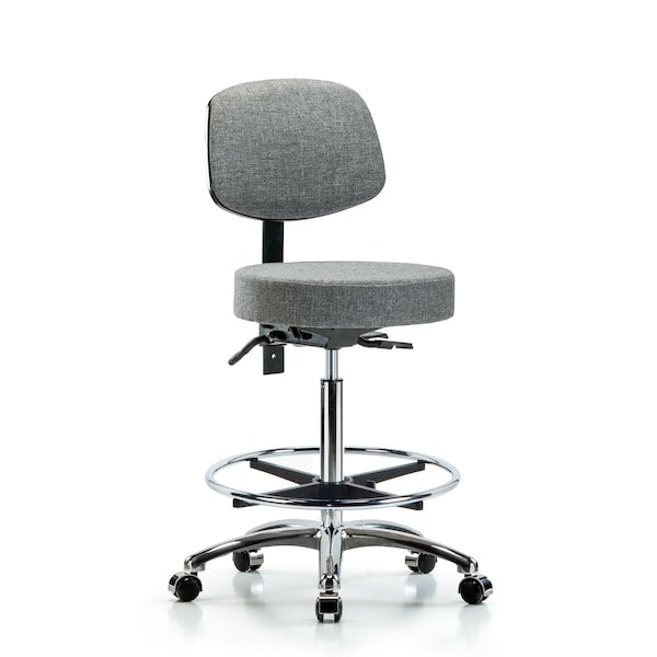 Blue Ridge Ergonomics FHBST-CR-T1-CF-CC-F44 Rutledge Fabric Stool with Back Chrome - High Bench Height with Seat Tilt, Chrome Foot Ring, & Casters in Gray Fabric