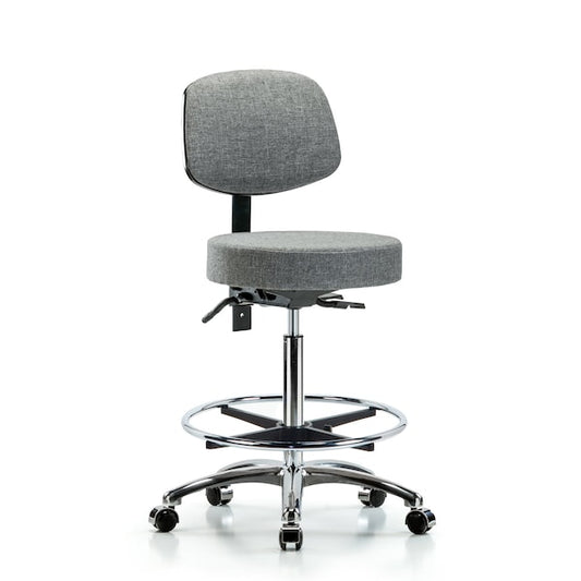 Blue Ridge Ergonomics FHBST-CR-T1-CF-CC-F44 Rutledge Fabric Stool with Back Chrome - High Bench Height with Seat Tilt, Chrome Foot Ring, & Casters in Gray Fabric