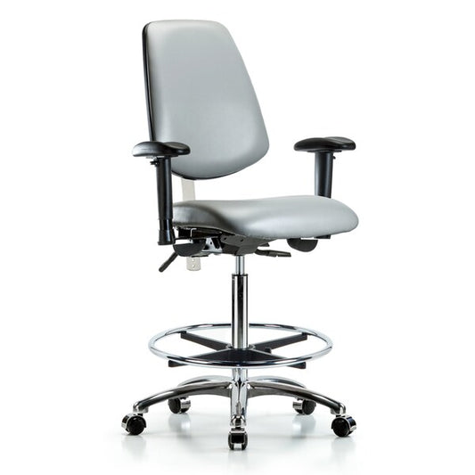 Blue Ridge Ergonomics NCR-VHBCH-MB-CR-T0-A1-CF-CC-8840 Class 100 Vinyl Clean Room Chair - High Bench Height with Medium Back, Adjustable Arms, Chrome Foot Ring, & Casters in Sterling Supernova™ Vinyl