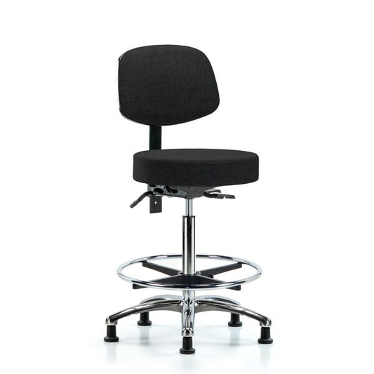 Blue Ridge Ergonomics FHBST-CR-T1-CF-RG-F42 Rutledge Fabric Stool with Back Chrome - High Bench Height with Seat Tilt, Chrome Foot Ring, & Stationary Glides in Black Fabric