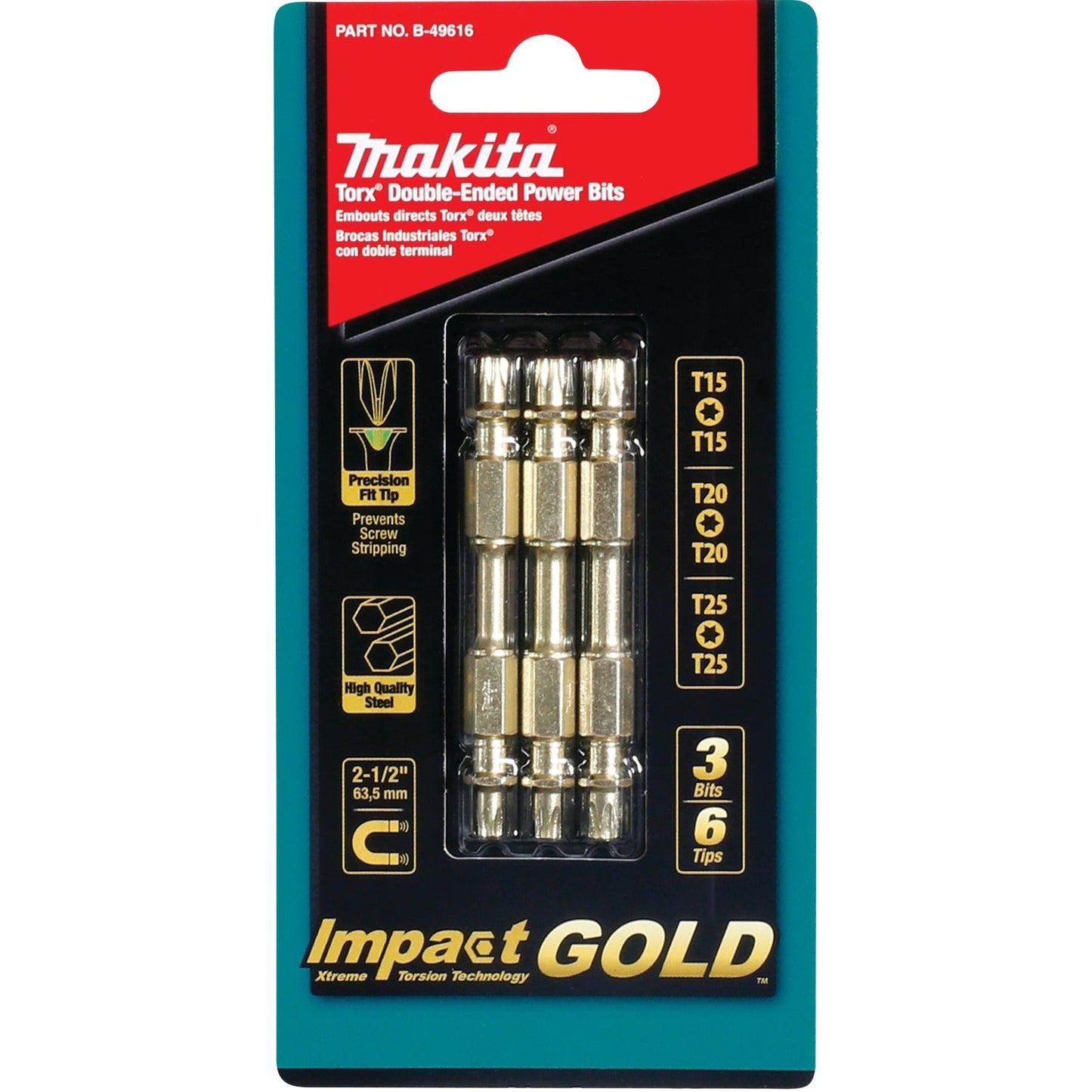 Makita B-49616 Impact GOLD® 3 Pc. Assorted (2‘1/2") Torx Double‘Ended Power Bits